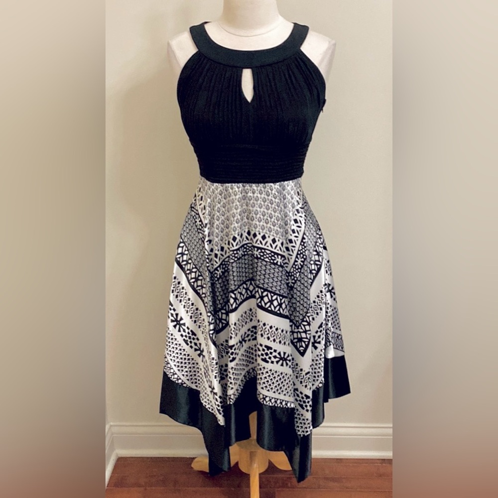 Melrose Black White Geometric Sleeveless Fit & Flare Handkerchief MIDI Dress 6